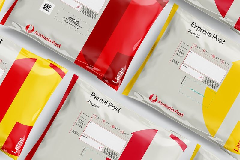 Australia Post red and yellow satchels laid out in a repeating pattern