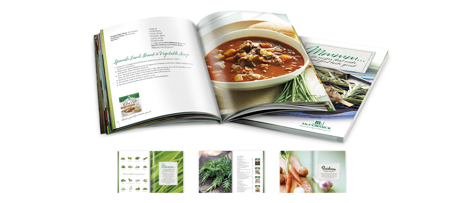 The McCormick cookbook shown open, with a recipe page and a bowl of soup, and three more pages below