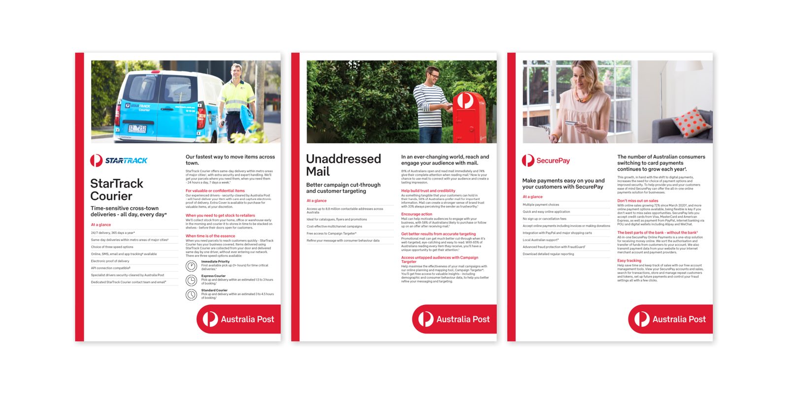 Australia Post StarTrack Courier, Unaddressed Mail and SecurePay information sheets