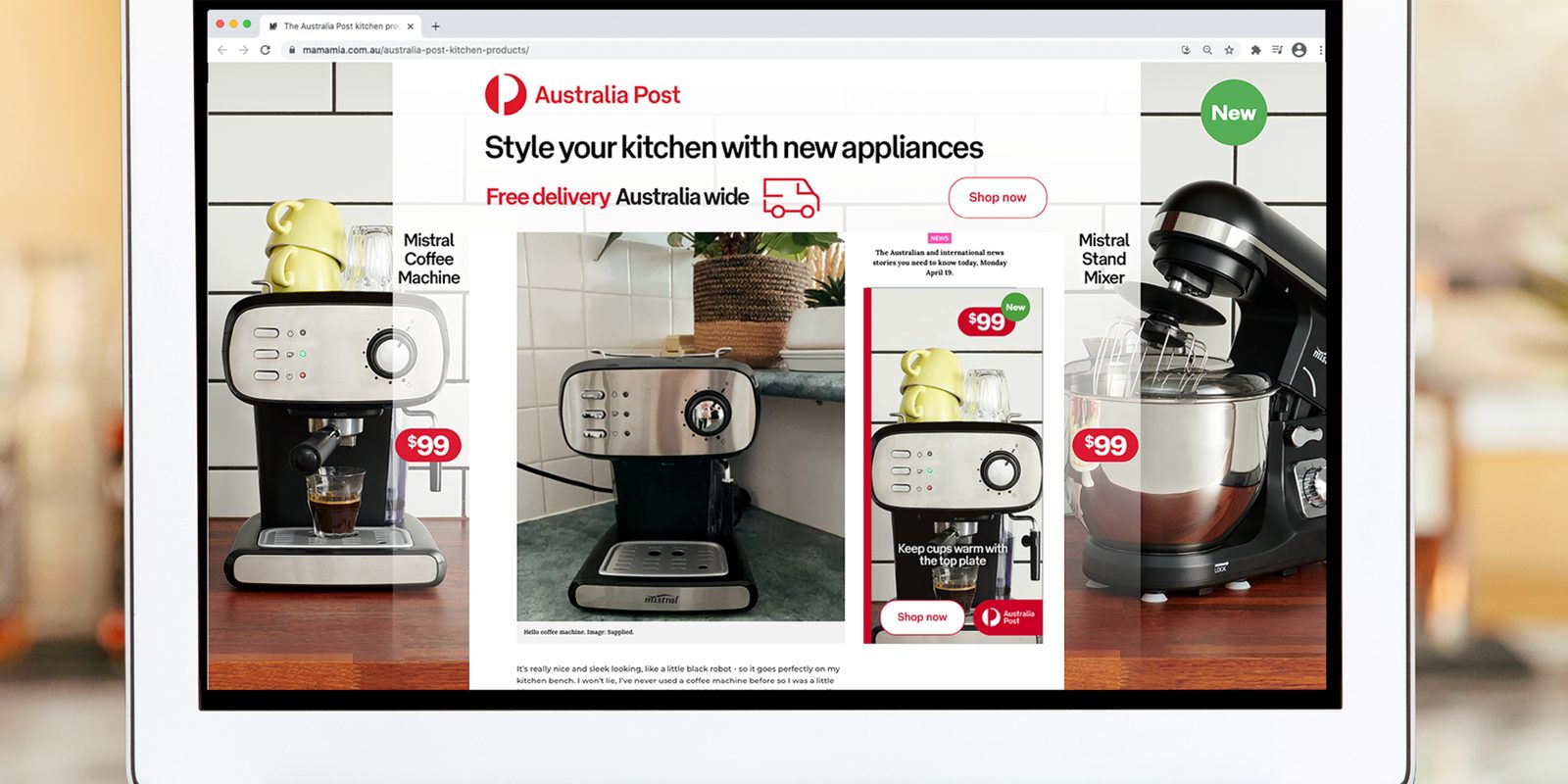 An Australia Post online advertisement for kitchen appliances on a laptop