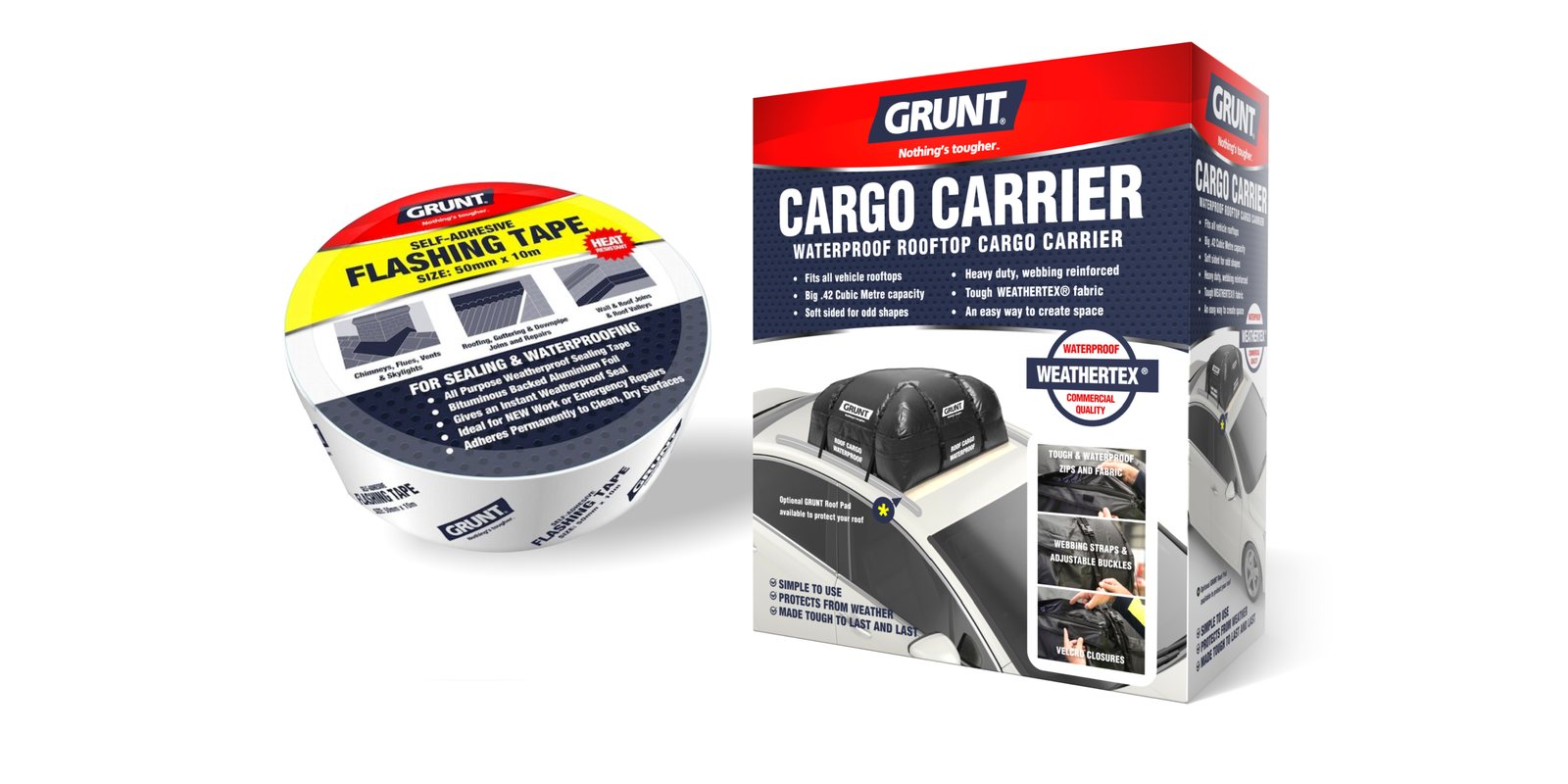 GRUNT flashing tape and cargo carrier packaging