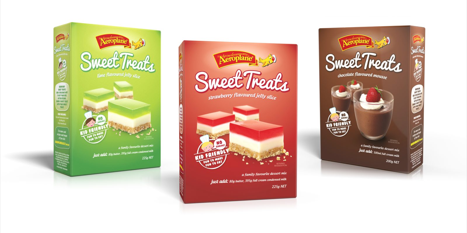Aeroplane Jelly Sweet Treats dessert mix packs in pink, blue and brown