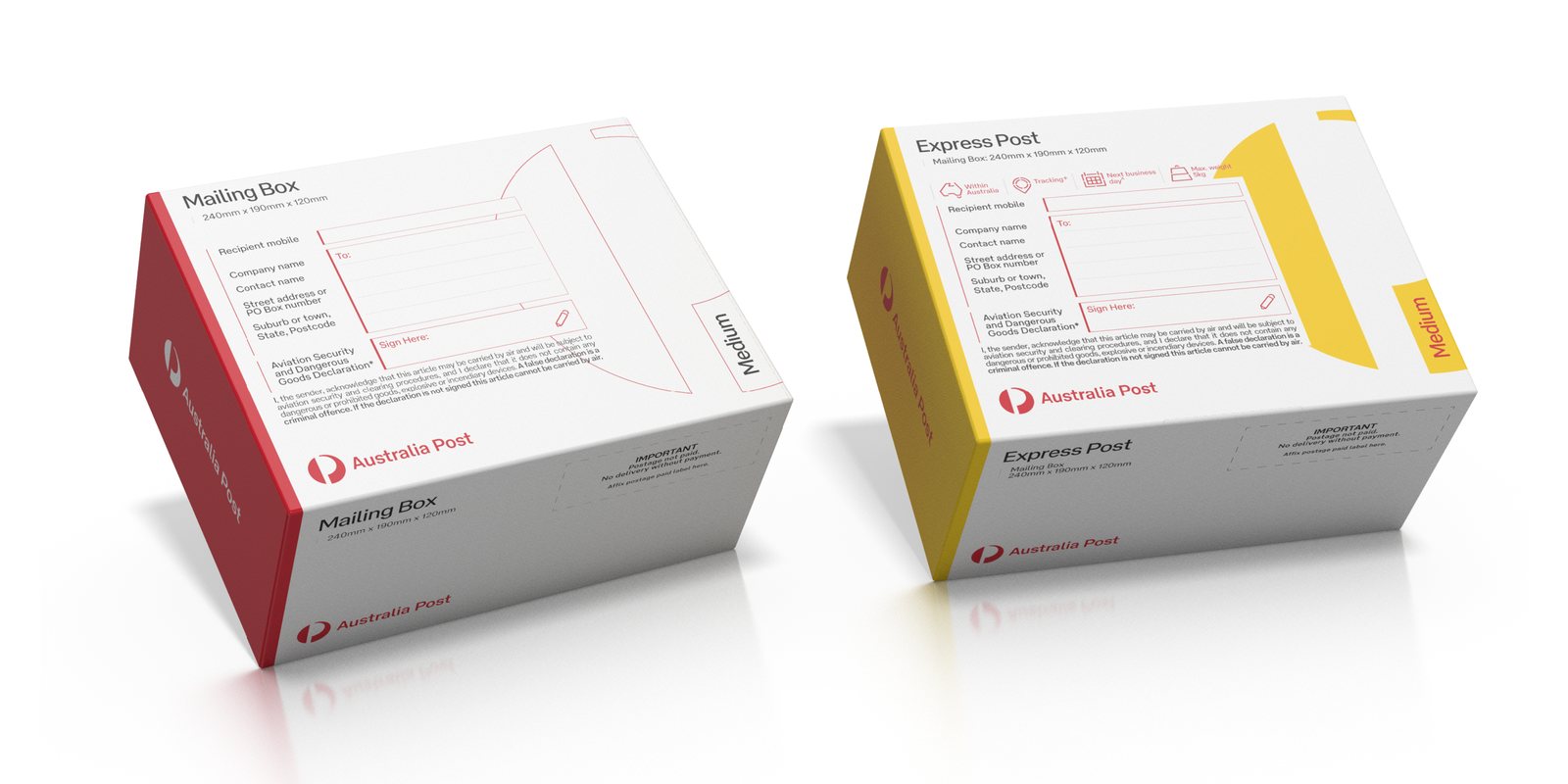 Australia Post mailing and parcel boxes in white with red and yellow