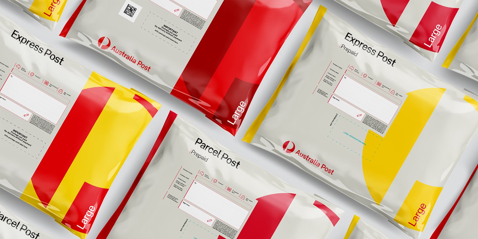 Australia Post domestic satchels in red, yellow and white