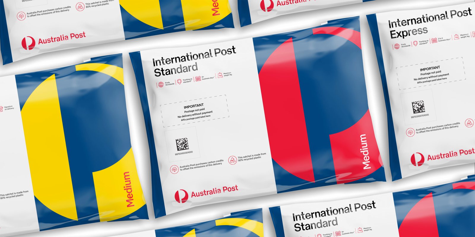 Australia Post international satchels in blue, yellow and red